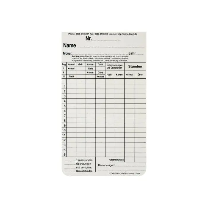 Zeitregistrierkarten Monatskarte 5825 100er Pack